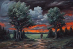 Trees, night, clouds, one person, 2000's sci-fi movies influence, max slevogt impressionism painting