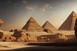 An ancient Egypt city in the year 1500 before Christ with 2 pyramids in the background, by Greg rutkowski, beautiful Egyptian temples, ultra realistic, no ruins, art Station, vibrant colours, concept art, blue sky