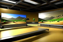 Here's a detailed description of the background image for your news channel studio: Background: The backdrop of the studio depicts a panoramic view of the Balochistan landscape. It includes rolling hills, vast deserts, and perhaps some mountain ranges characteristic of the region. In the distance, there are wind turbines dotting the landscape, indicating the focus on wind energy. Solar panels could be seen installed on rooftops or on the ground, showcasing the utilization of solar energy in th
