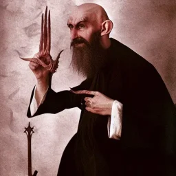 Nosferatu vampire with a beard of tentacles and vampire fangs as a Russian Orthodox bishop with four arms