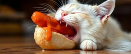 cat eating albino hot dog