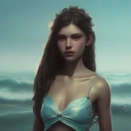 girl, cute, beautiful, sea queen, waves, close up portrait by Greg Rutkowski