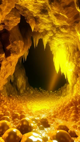 A golden yellow cave with round crystals painted by Zosan