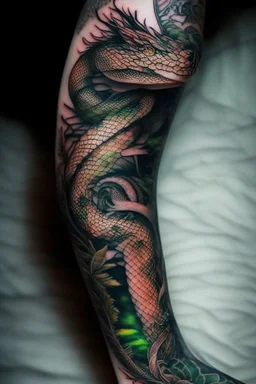 thigh dragon tatoo, snake tatoo wrapped in the things, leg focus, thigh focus