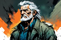 create a full body portrait illustration of a an aged grey haired, raggedly dressed, post apocalyptic, skid row derelict , with highly detailed and deeply cut facial features, in the comic art style of FRANK MILLER and BILL SIENKIEWICZ, searing lines and forceful strokes, precisely drawn, boldly inked, with gritty textures, vibrant colors, dramatic otherworldly lighting