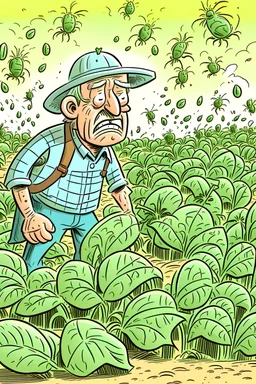 A farmer gets angry because a number of small mites are standing on his plants