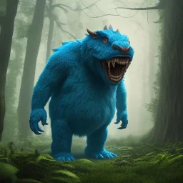 giant blue monster with big sharp white teeth, standing in a forest, dramatic, dramatic lighting, volumetric lighting, hyperrealism, 8k, high quality, photorealistic, lot of details