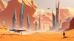 A futuristic digital illustration showcasing a high-tech desert city in Western Sahara, complete with advanced skyscrapers and hover vehicles. The scene combines traditional desert elements with modern technology, creating a unique and visually striking landscape. The artist's use of vibrant colors and sleek design elements adds a sense of dynamism and innovation to the image.