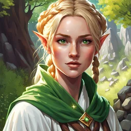 dungeons & dragons; portrait; teenager; female; cleric of mielikki; wood elf; blondehair; braided bun; green eyes; cloak; flowing robes; nature; sunny; freckles; grateful; magic; healing