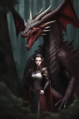 An aggressive woman with long brown hair, red eyes, back clothes, pale skin, a smattering of reddish brown scales on her skin, reddish brown dragon horns on her head, pointed ears, fangs, and a dragon tail standing in a dark forest. Anime style, intricately detailed.