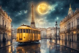 Lisbon city view in fantasy style with famous yellow tram, one eiffel tower in background, celestial cosmic sky, dreamy, moody, rainy