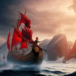 Nærøyfjorden Verdsarvpark, viking ship, mighty queen elf, red armour, realistic, HD4k, watery cloud background, deep red eyes, close up shot