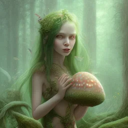 A portrait of a Little fairy woman with green skin and red long hair, sitting under the large Amanita muscaria mushroom in the magic forest, concept art, dark fantasy style, dark and spook, illustration, digital art, d&d, very cute,Masterpiece, best quality, sharp line, sharp focus, rear view : digital painting extremely detailed fantasy beautiful award winning high definition colourful very cute ,correct ai auto settings.