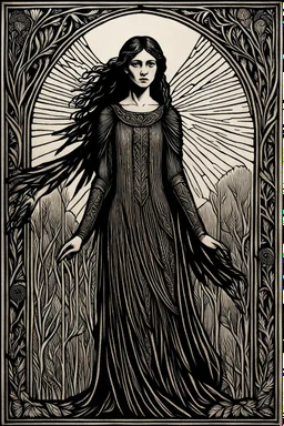 create a deeply powerful tragic, heart wrenching, evocative, and darkly magical full body woodcut of a raw and weathered raven maiden girl with highly detailed and deeply cut facial features, in the style of EDWARD BURNE-JONES, WILLIAM MORRIS, and KATHE KOLLWITZ , searing lines and forceful strokes