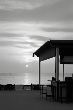 Terraza de un chiringuito frente a la playa al atardecer, fotografía realizada con una cámara Leica y con un objetivo de 50 mm, fotografía real, fotografía en blanco y negro