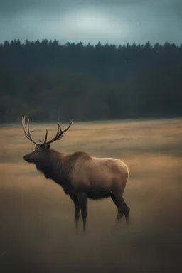 Elk in a field, 32k, UHD, Professional Photo -- Botany - Starry - Retro Pop - Dark Fantasy - Horror - Festive - Realistic - 32k, UHD, professional quality, 8 x 10 digital photograph