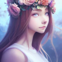  full Closeup face portrait of a girl wearing crown of flowers, smooth soft skin, big dreamy eyes, beautiful intricate colored hair, symmetrical, anime wide eyes, soft lighting, detailed face, by makoto shinkai, stanley artgerm lau, wlop, rossdraws, concept art, digital painting, looking into camera