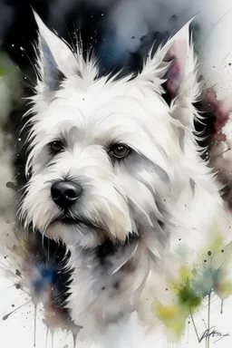Portrait of a White West highland terrier dog with gentle expression in loose abstract watercolour, wet on wet, and splattering in the style of Agnes Cecile, Willem Haenraets, with chalk and rough pastel on rough, textured paper. Muted colours.