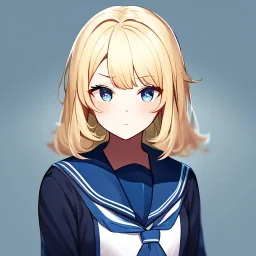 Clear focus,High resolution, Blonde short fluffy hair, long bangs, and blue eyes, Depressed girl, wearing a sailor uniform, semi-chibi, cartoony style, cute