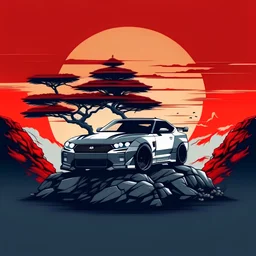 create me a nissan gtr car hoodie design, with a bonsai tree and a red sunrise in the montains behind the car