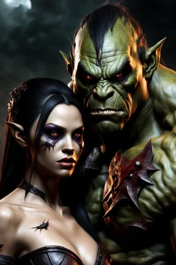 brutish male orc with pretty human female. dark fantasy. photorealistc