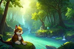 Girl, furry racoon , forest, river