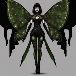 Full body, gothic woman with a bob with a fringe hairstyle, steampunk metal moth wings, green markings, black background