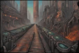 painting of a cyberpunk colourful walkway in the city with pollution by michaelangelo and hr giger