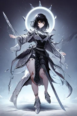 Anime girl with short black hair and sharp green eyes, holding a pike, full body black and white metal plate armour, full body shot, Dramatic lighting,1woman, soaked in blood, Warrior, standing pose, sword at the waist, close shot, lean body,