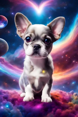 large eyed happy puppy grey frenchton in the distance a colorful intricate HEART shaped planet similar to earth in a brig ażht nebula, sparkles, cinematic lighting, vast distances, swirl, fairies, magical darkness, sharp, depth, jellyfish, cinematic eye view