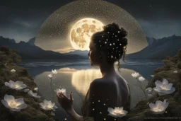 double exposure, merged layers, praying woman silhouette in backlit, glass and gemstone moonflowers bathing in the light from a full moon, rocks, water, amazing night sky, glowing flowers, vines, large stars highly detailed extremely detailed fantasy photorealistic beautiful high detail award winning hyperrealistic ultra detailed high definition crisp quality Jacek Yerka Ultra realistic Dominic Davison