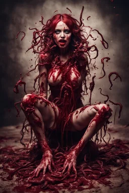 Petit weird woman with many worms from his body, sit pose, fullbody, splashes blood, behind guts rising from the ground, darkred tones, macro photography,