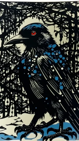 A contemporary serigraphy by Matisse of a human-like crow adorned in a punk leather jacket within a snowy Christmas atmosphere.