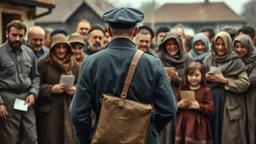 an man in a dark european, hungarian postman's uniform standing with his back to the camera with a large postman's bag on his left shoulder, he is only half visible from the european-hungarian villagers gathered around him, surrounded by men and women in vintage poor cloths. Some villagers are holding letters in their hands, sad and crying faces, a little boy staring at the postman, a crying little girl clinging to her mother's skirt, two women crying , high realistic, perfect photo