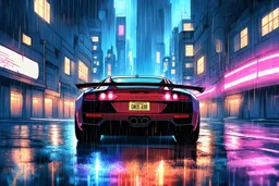 comic/anime art: a sports car driving through the city in the rain with neon light
