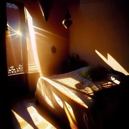 a pinhole camera photo of sunlight streaming into a sumptuous Arab-style bedroom