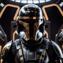 star wars bald male corellian pilot wearing dark gunmetal grey and black First Order special forces TIE pilot armored flightsuit and helmet with gold trim inside the jedi temple, centered head and shoulders portrait, hyperdetailed, dynamic lighting, hyperdetailed background, 8k resolution, volumetric lighting, light skin, fully symmetric details