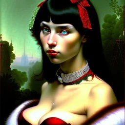 oil Portrait of adult Vampirella busty beautiful green sad eyes looking to viewer nose piercing emerald collar by Jean Auguste Dominique Ingres 8k