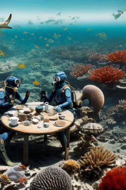 An image of a dried up ocean, 2 divers with full gear are having tea at a round table, background are dead fish, a ship reck, starfish