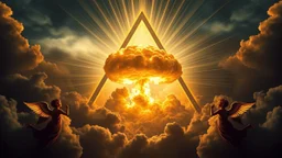 a nuclear explosion cloud(middle) framed from behind by a triangle of stained glass surrounded by radiant lines from the center, the wind and smoke from the explosion forming shapes of attractive dancing women with small angel wings(left and right foreground) like cherubs in the clouds, religiose art, angelic light