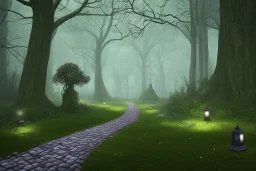 wooded forest cobblestone path lantern