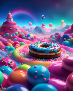 empty foreground, the background is a Candyland, a city made of neon gumdrops and rainbow , constructed from surreal-looking donuts, cakes, and crumbs, DOF, it stands like a beacon on a hill, digital illustration with color pops of pinks and reds and blues , bubblegum horror, Unreal Engine 5,trending on Artstation