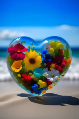 Herz aus Glas, gefüllt mit einer bunten Blumenwiese, schwebend über einem Strand, Sommer