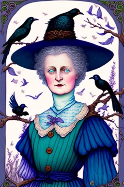 Friendly witch, playing with crows, perfect iris, pastel colours, style Beatrix Potter