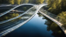 A breathtaking pedestrian bridge with a double helix design, curving elegantly over a calm river. The entire structure is made of transparent glass, giving the illusion that the bridge is floating above the water. The twisted helical shape reflects the sunlight, casting intricate shadows on the river’s surface. Award-winning photograph.