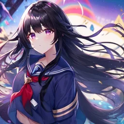 Clear focus, High resolution, Black long fluffy hair, purple eyes, wearing a sailor uniform, shattered rainbow in triagle formation, Commercial Purpose