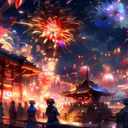 fireworks, night festival, lens flare, bloom, intricate, sharp focus, illustration, highly detailed, digital painting, concept art, matte, art by ruan jia and wlop and greg rutkowski, masterpiece