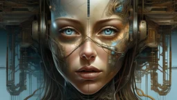 Peter Gric masterpiece illustration of a front complex biomechanical woman colored face mixed to supplies (detailed eyes, nose, mouth , neck), made of various colored metal objects all around and inside head, centered composition, HDR, UHD, all in focus, clean face, no grain, concept art