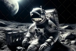 Un astronaute heavy metal écoute la radio sur la lune. La terre explose en arrière plan. Full realism,