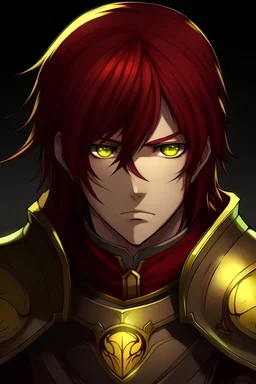 dark red hair anime man yelow eyes in armor